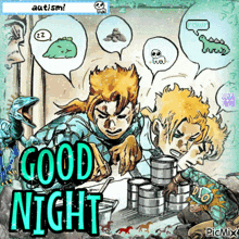 a cartoon says good night with two boys and a lizard in the background