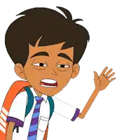 a cartoon of a boy with a backpack waving his hand