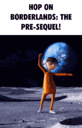 a cartoon character standing on the moon holding a globe on his shoulder