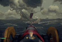 a screenshot of a video game shows a whale in the distance and a boat in the water