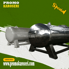 two stainless steel tanks on a green background with the website promokaroseri.com