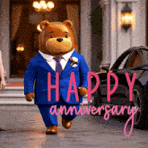 a teddy bear in a blue suit and tie is walking in front of a car with the words happy anniversary written in red