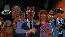 a group of people are gathered around a man holding a microphone that says wgob