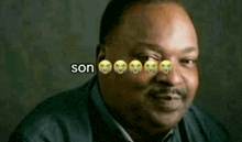 a man with a mustache is smiling with emojis on his face and the word son is visible in the corner .