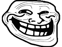 a black and white drawing of a troll face with a huge smile