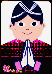 a cartoon drawing of a boy with his hands folded in front of him