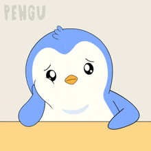a penguin with a sad look on its face and the word pengu on the bottom