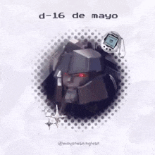 a picture of a robot with red eyes and a tamagotchi in the background .