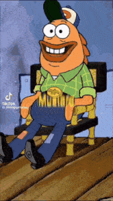 a cartoon character is sitting in a chair with a belt that says ' mutton ' on it