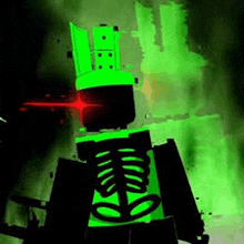 a green skeleton is standing in the dark with a red light coming out of its eyes .