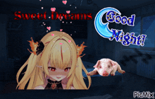 a picture of a girl and a pig says sweet dreams good night