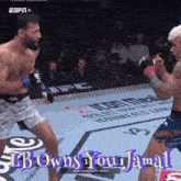 two men are fighting in a boxing ring with the words " i owns you jamal " above them