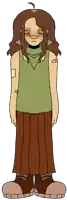 a cartoon drawing of a girl with brown hair and green eyes