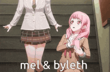 two anime girls are standing next to each other on a set of stairs with the words mel & byleth written on the bottom