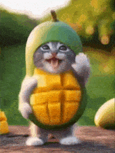 a cat wearing a mango costume is standing on a table