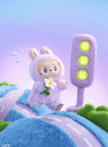 a stuffed animal is walking down a road next to a traffic light that says luck