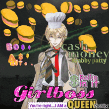 a man with a chef 's hat and tie is surrounded by hamburgers and says cash money abby patty