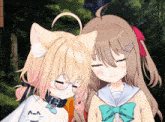 two anime girls with their eyes closed and one has a heart on her ear
