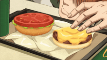 a cartoon drawing of a person eating a cheeseburger with a tomato slice on top
