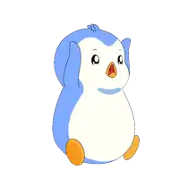 a blue and white penguin is sitting on a blue and white striped background