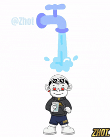 a cartoon of a boy holding a cup of water with a faucet coming out of it
