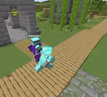 two minecraft characters are standing next to each other on a wooden walkway .