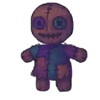 a stuffed doll with purple eyes and a cross on its head