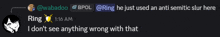 a screenshot of a conversation between ring and wabadoo with ring saying " i don t see anything wrong with that "