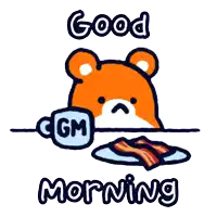 a cartoon of a teddy bear holding a cup of gm coffee
