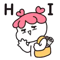a cartoon character with pink hair is holding a backpack and says hi