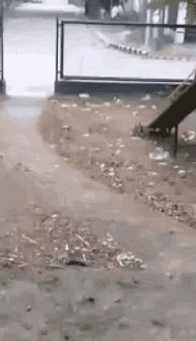 a person is walking down a sidewalk next to a slide .