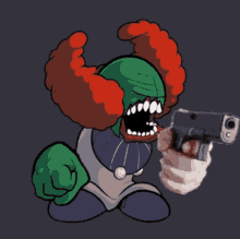 tricky the clown is holding a gun and pointing