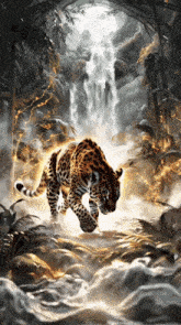 a painting of a leopard in the jungle with a waterfall in the background