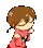 a pixel art of a boy with brown hair and a red dress .