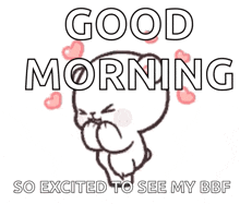 a cartoon of a cat saying good morning so excited to see my bbf