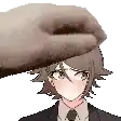 a pixel art of a hand touching the head of a girl in a suit and tie .