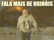 a man in a sweater with a dog on it is running with the words fala mais de urinoids above him