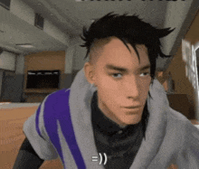 a man with a purple backpack is wearing a gray hoodie