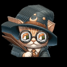 a cat wearing a hat and glasses is holding chopsticks and sushi rolls
