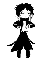 a black and white drawing of a person in a black coat and tie .