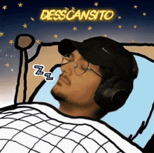 a cartoon of a man wearing headphones and a hat with the word desscansito above him