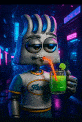 a cartoon character is drinking a green drink through a straw while wearing a shirt that says funny
