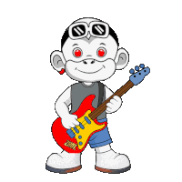 a cartoon monkey is holding a red guitar that says zhot on it