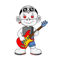 a cartoon monkey is holding a red guitar that says zhot on it
