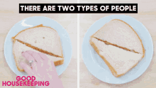 a white plate with a slice of bread on it and the words " there are two types of people " above it