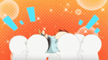 a group of white cartoon characters are standing around a person