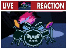 a pixel art of a drum set with the words live reaction on top