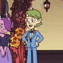 a cartoon character in a blue suit and bow tie is standing next to a purple girl .