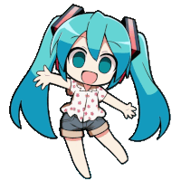 a cartoon of a girl with blue hair wearing shorts and a shirt with flowers on it
