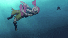 a cartoon character is swimming in the water with a shark behind her